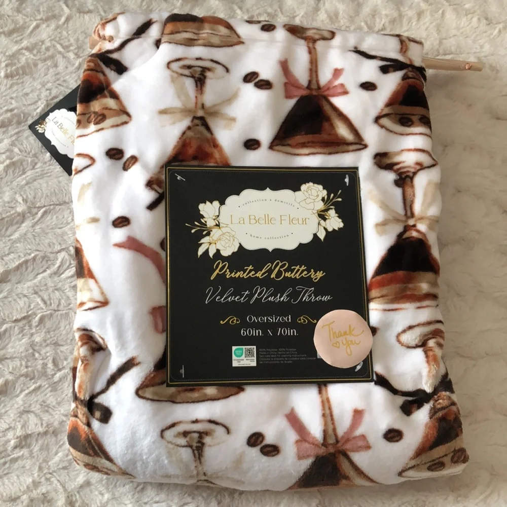 Espresso Martini Plush Throw Blanket - White & Brown Printed